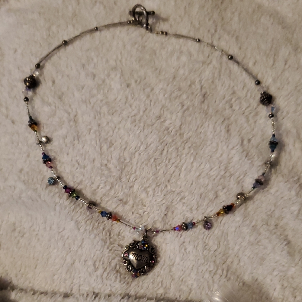 Silver-Tone 'Mom' Pendant Multicolor Beaded Necklace